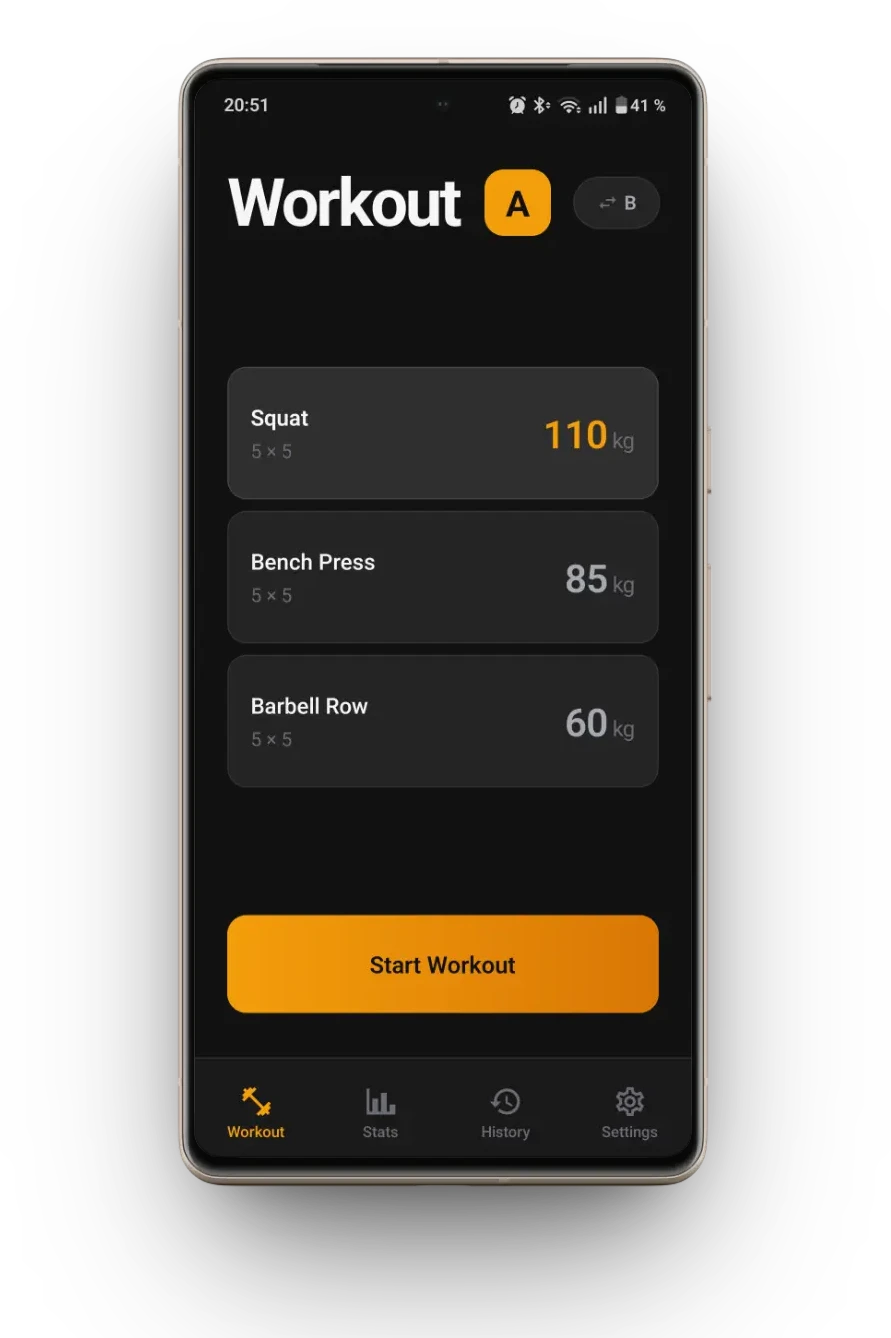 Lift5x5 app showing Squat, Bench Press, and Barbell Row exercises with weight tracking