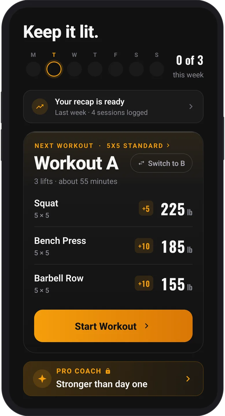 Écran d'accueil de l'appli Lift5x5 affichant le prochain entraînement : squat, développé couché et rowing barre en 5x5 avec les charges actuelles et un bouton pour démarrer l'entraînement