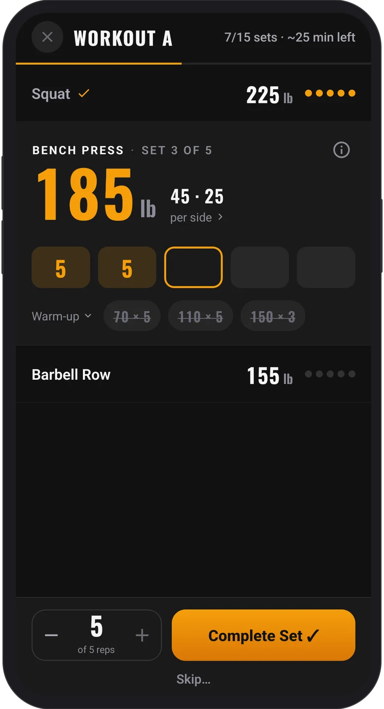 Lift5x5 workout screen with the whole session in one list: Squat done, Bench Press 185 lb at set 3 of 5 with plates 45 + 25 per side, Barbell Row next, and a Complete Set button