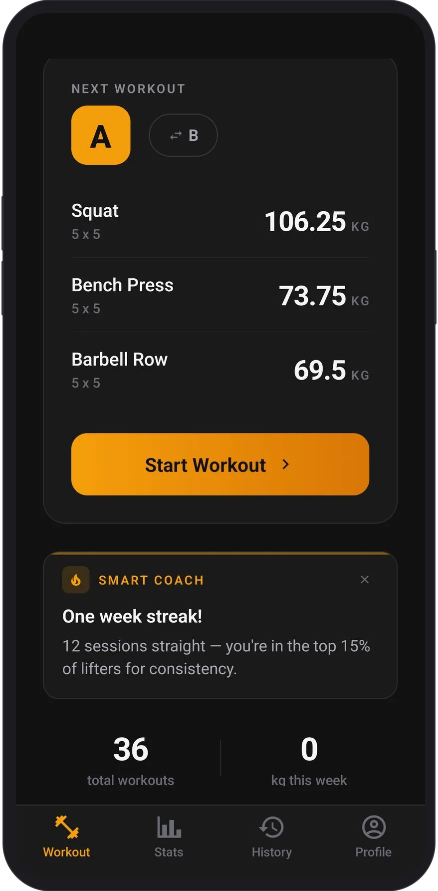Lift5x5 app home screen showing the next workout: Squat, Bench Press, and Barbell Row at 5x5 with current weights and a Start Workout button