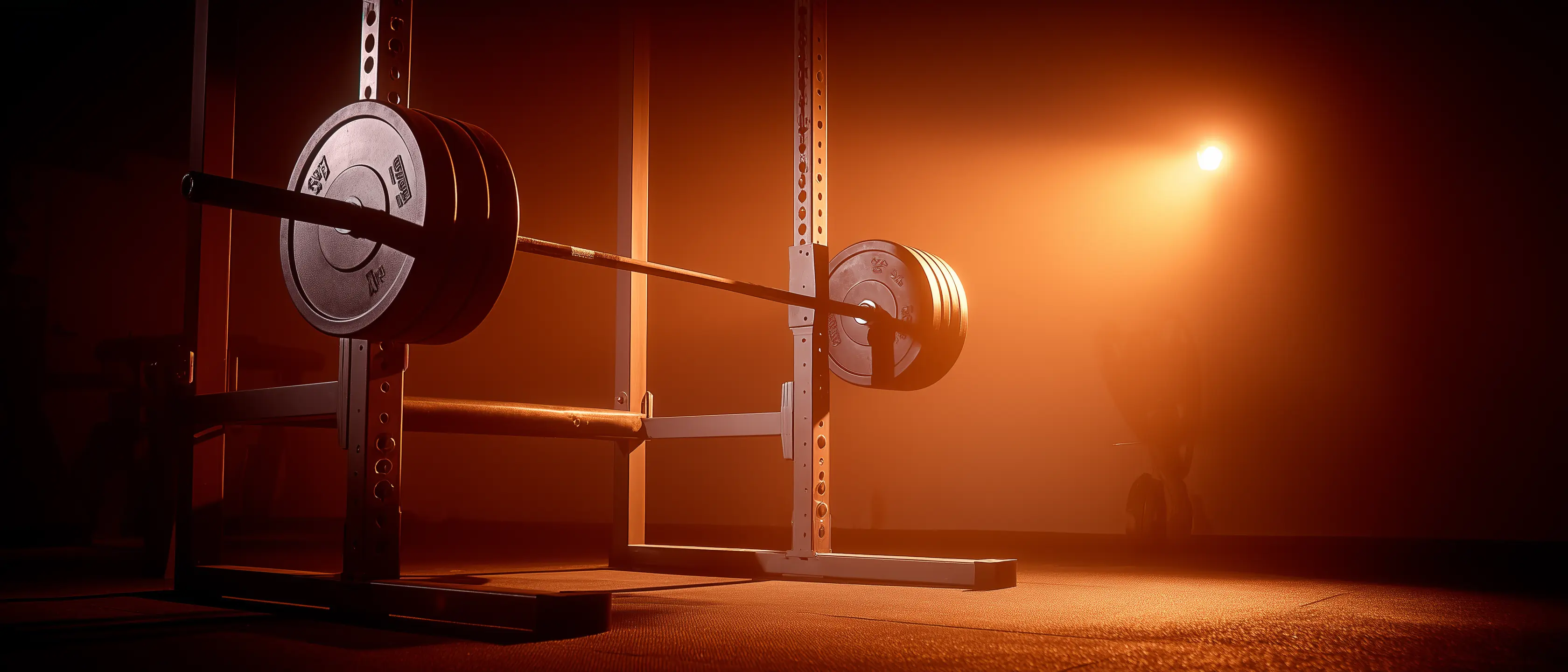 Several different barbell types displayed on a gym rack