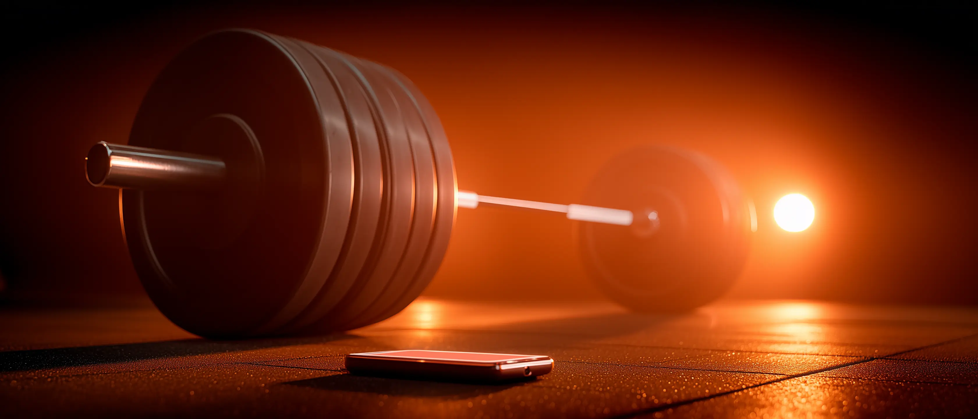 Training log notebook next to a barbell and phone with workout app